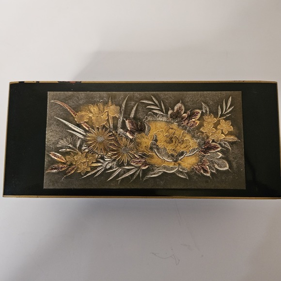 Yokohama Other - VTG Yokohama Jewelry Music Box Wood Black Metallic Yellow Floral Design Japan 8"